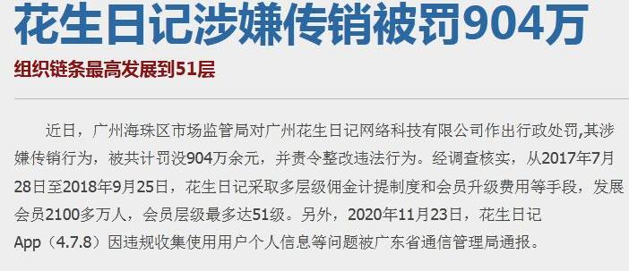 花生日記再次因涉及傳銷罰款904萬 互聯網 微新聞 第1張